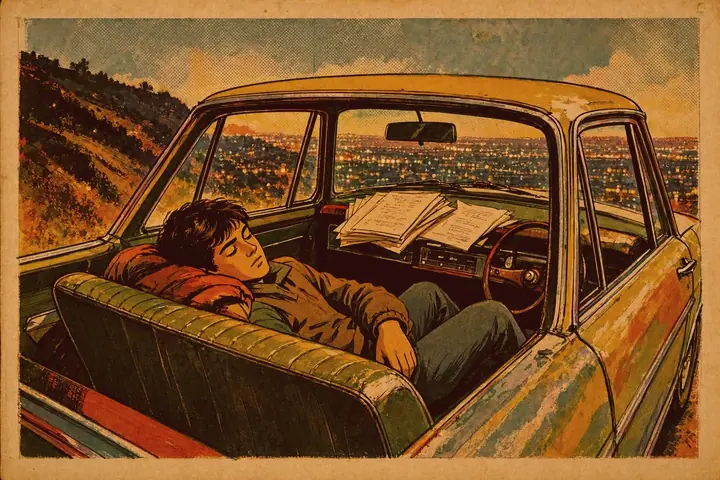 Sleeping in his car, then building a studio